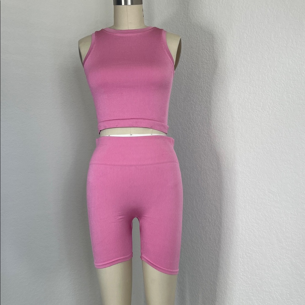 PRISM2 Pink Luminous Ribbed Vest Long Line Cropped Top + Ribbed Composed Shorts